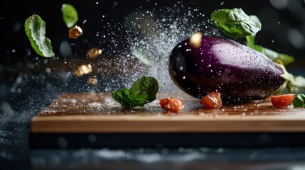 An artistic shot capturing an eggplant amidst flying water droplets, showcasing freshness and culinary potential in a creative, vibrant manner.