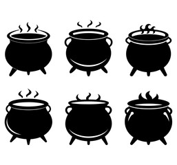 Witch cauldron isolated on white background. Icon of magical boiler with bubbling poison potion. Black cartoon vector illustration. Silhouette of iron pot with steam. Creepy Halloween decoration