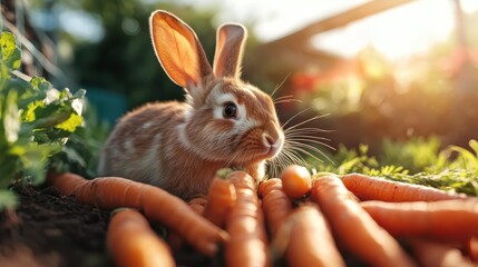 This delightful image showcases a playful rabbit lounging among a bounty of carrots, emphasizing innocence and the nurturing splendor of nature in a sunlit garden.