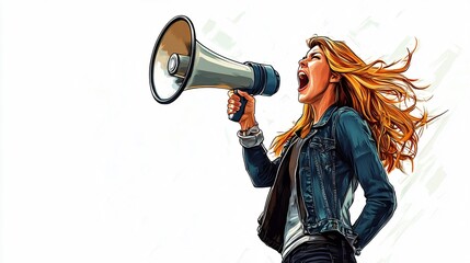 Professional Woman Holding Megaphone Shouting with Speaker Background