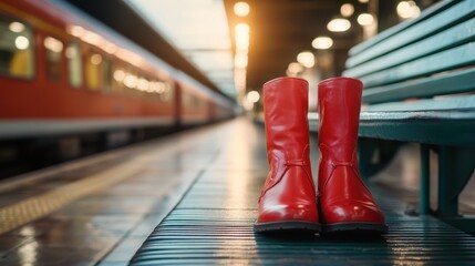 A stunning image of red boots elegantly placed on a station bench, suggesting a stylish pause in the journey while symbolizing anticipation and vibrant urban life.