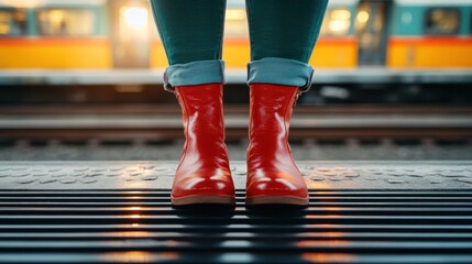 These vibrant red boots stand gracefully at a train station, encapsulating style and comfort while hinting at the adventures that await the traveler.