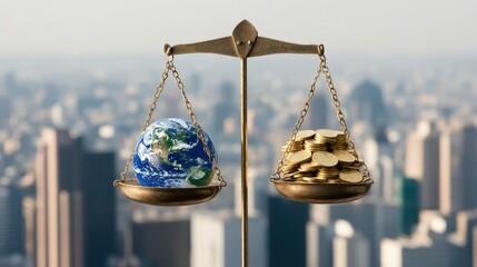 Global Economy Balance Weighing the World Against Gold in a Modern Cityscape