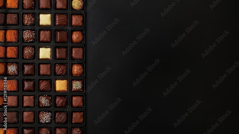 Poster dark background with various types of chocolates and truffles on the left side, top view. the chocol