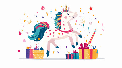 Fototapeta premium Magical Unicorn Cartoons Birthday Celebration Wide Angle Centered Image