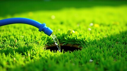 Naklejka premium Refreshing Hydration for Lush Green Turf A Close-Up of Water Flowing from a Blue Hose into Vibrant Grass