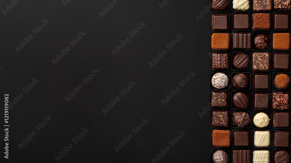 Poster dark background with various types of chocolates and truffles on the left side, top view. the chocol