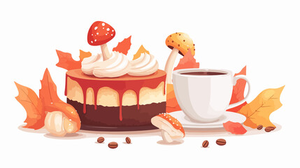 Thanksgiving Sweet Cake with Mushroom and Coffee Cup