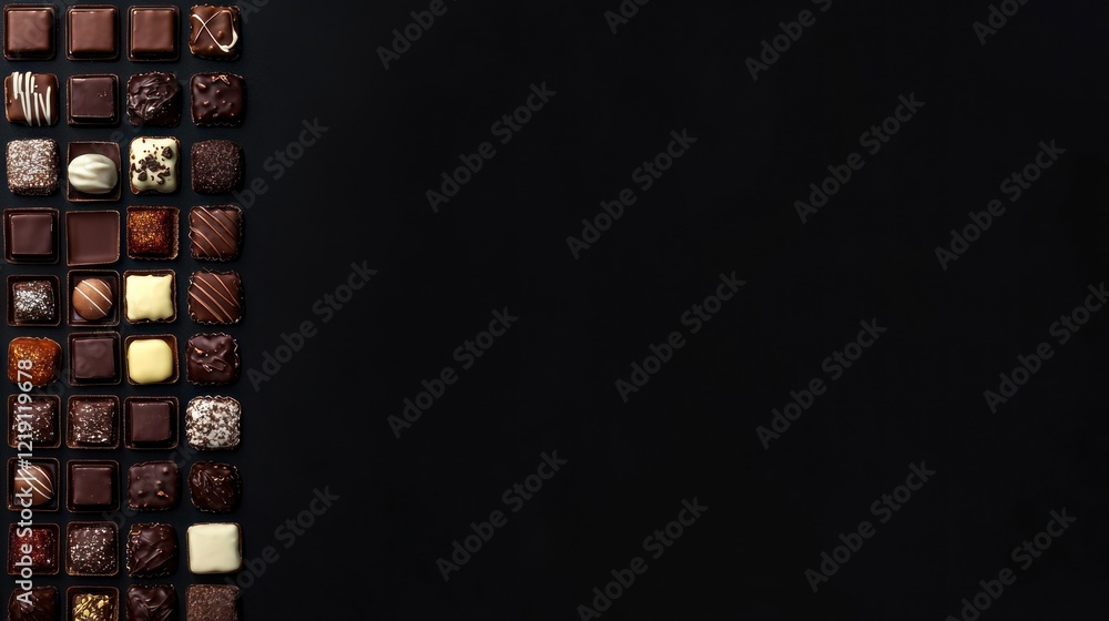 Poster dark background with various types of chocolates and truffles on the left side, top view. the chocol