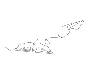 One continuous line drawing of opened book with flying paper plane. Symbol of dream in simple line. Editable stroke. Doodle line illustration