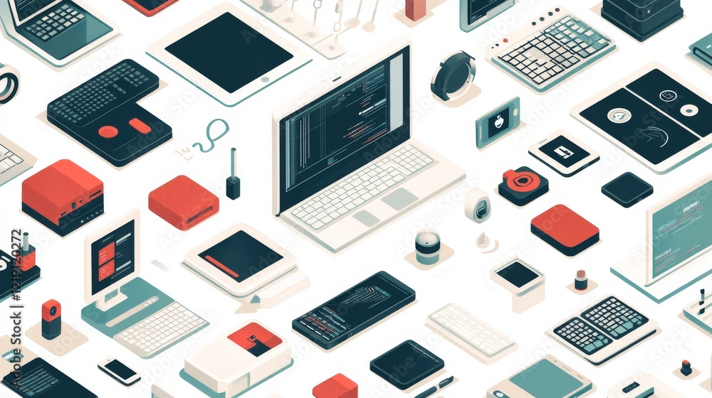 Poster isometric illustration of computer technology setup featuring a pc, laptop, and smartphone on a desk