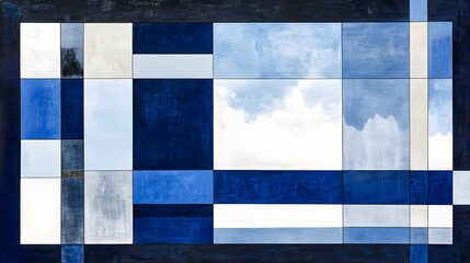 Fototapeta premium Abstract Blue and White Geometric Artwork, Modern Grid Canvas Painting
