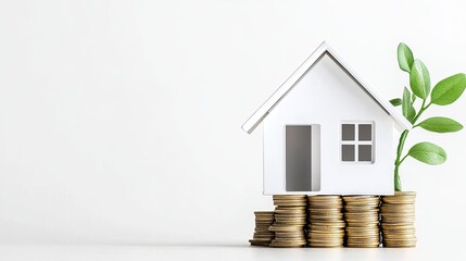 House Model On Stack Of Coins With Growing Plant