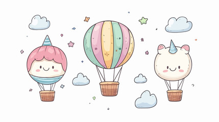 Whimsical Kawaii Cartoon Hot Air Balloon in Wide Angle Perspective