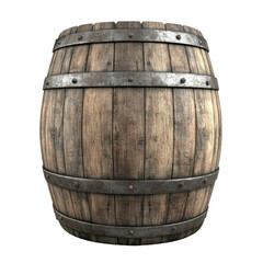 Fototapeta premium Wooden Barrel with Metal Bands, Rustic Storage Container for Beverage Aging, Traditional Craftsmanship, Vintage Style, Authentic Texture and Design Elements Captured in Detail