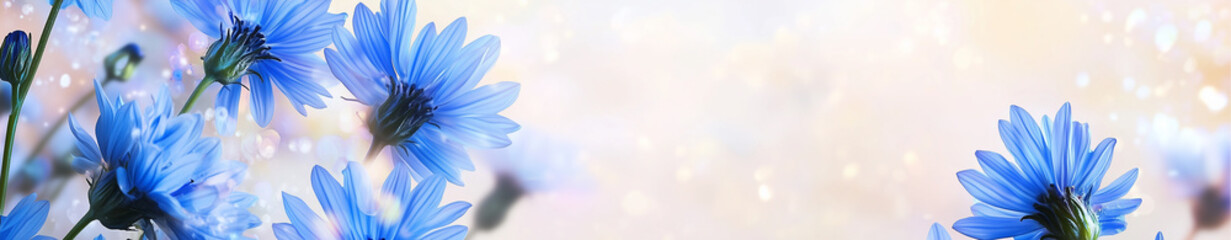Obraz premium Blue flowers in soft light with a bokeh banner background for copy space