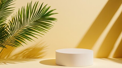 Obraz premium Minimalist Product Display with Tropical Leaves and Sunlight Shadows