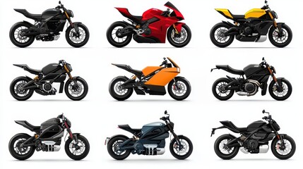 A collection of electric motorcycles with high-tech dashboards and sleek designs on a white isolated background