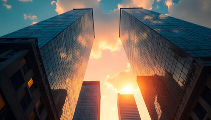 Stunning Glass Skyscrapers Reflecting the Sky – A Majestic Upward Perspective