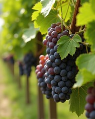 Obraz premium A close-up of a cluster of ripe grapes hanging from a vine, with green leaves in the background