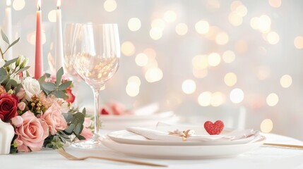 Romantic Table Setting with Flowers and Heart for Valentine's Day Celebration