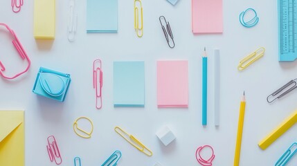 A set of school supplies, including sticky notes, paper clips, and erasers on a white isolated background