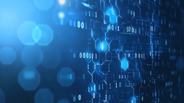 Futuristic blue hexagonal digital background with glowing binary code and abstract technology elements – innovation, data transmission, and ai-inspired network design


