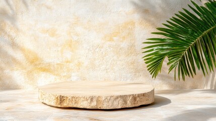 Stone Podium with Palm Leaf Against Textured Beige Background