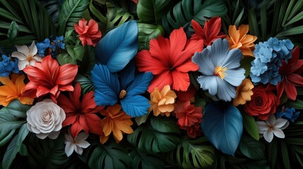 A stunning combination of vibrant flowers and lush greenery forms an artistic arrangement that evokes feelings of joy, beauty, and a celebration of nature’s splendor.