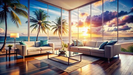 Fototapeta premium Modern Living Room Beach Vibes Double Exposure Stock Photo: Coastal Relaxation & Interior Design