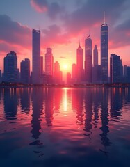 Fototapeta premium Stunning Cityscape at Sunset Modern Skyline Reflected in Calm Water