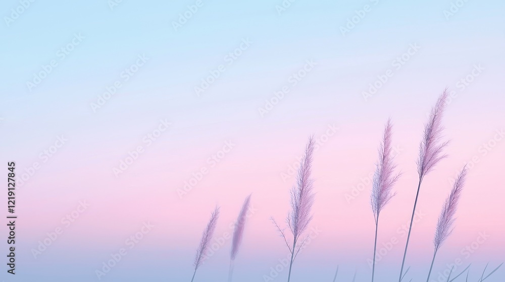 Poster serene dawn over symmetrical marshland with reeds and a soft color palette