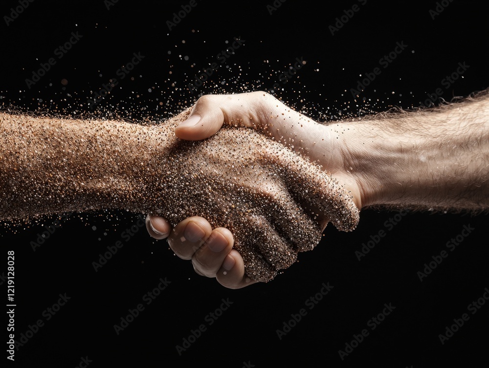 Poster Hands Shaking with Glittery Particles on a Dark Background Symbolizing Collaboration and Unity in a Creative Environment