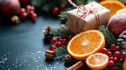 A beautifully arranged festive scene featuring oranges, a wrapped gift, and pine branches, embodying the warmth and joy of the Christmas holiday season.