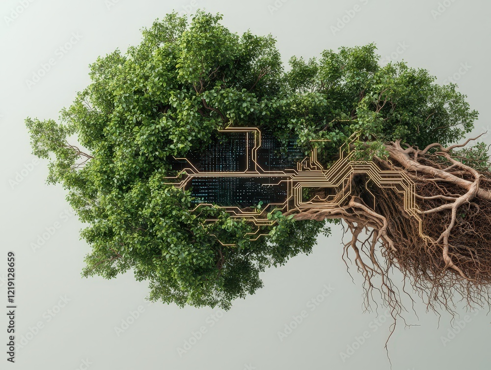 Poster digital tree with circuitry roots blending nature and technology in a conceptual illustration of eco