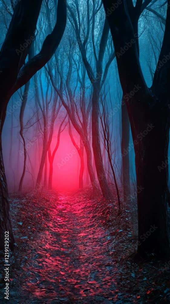 Poster mystical forest path illuminated by ethereal red light on a foggy evening in twilight