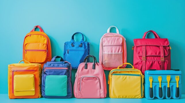 A collection of school bags and lunch boxes in different colors on a white isolated background