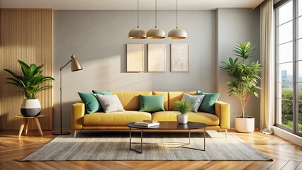 Modern Minimalist Living Room Interior Design with Copy Space - Stock Photo