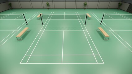white line on green badminton court with bench inside building