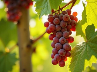 Fototapeta premium Bunch of red grapes hanging from a vine, with sunlight shining through the leaves