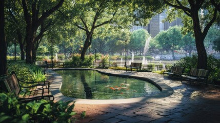 Urban park koi pond, tranquil oasis, city backdrop, peaceful retreat