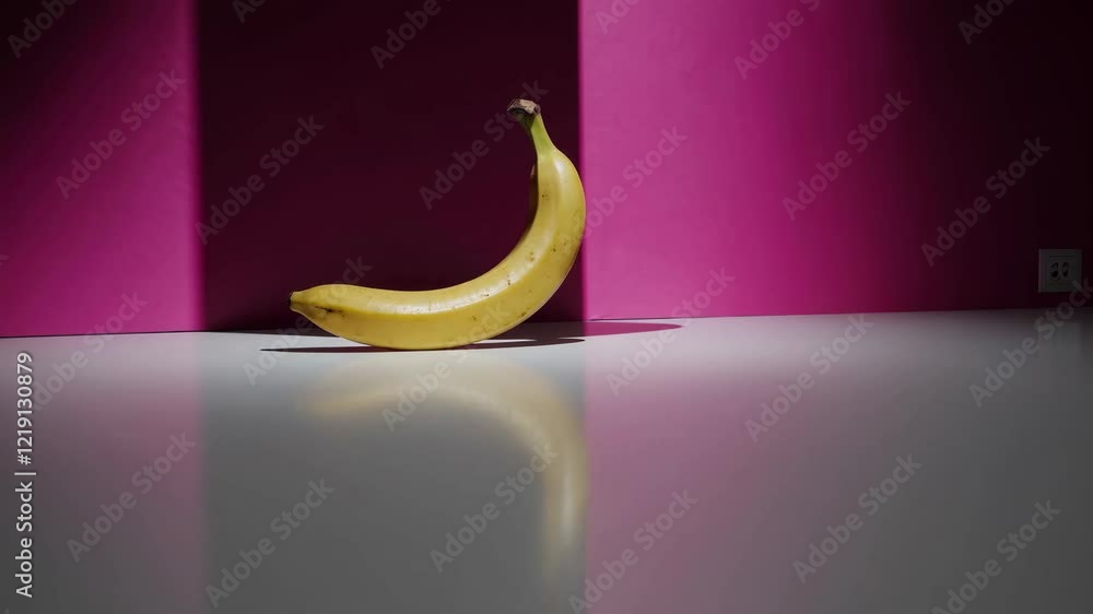 Poster Single banana on a glossy surface with pink background, minimalistic composition. Modern art and simplicity concept