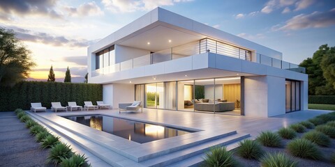 Obraz premium Modern Minimalist White House Terrace - Architectural 3D Render Stock Photo