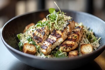 Fototapeta premium Fresh Grilled Chicken Caesar Salad in Modern Setting