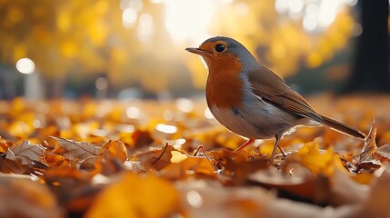 A ground level view of a robin hopping across freshly fallen leaves