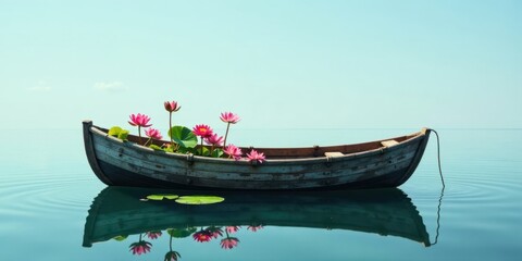 Obraz premium Serene wooden rowboat adrift on tranquil water, adorned with vibrant pink water lilies, reflecting a peaceful atmosphere