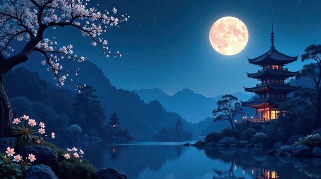 Serene Nighttime Vista of Illuminated Pagoda on Calm Lake Under Full Moon with Blooming Trees