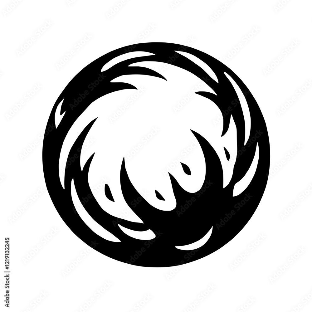 Poster Abstract Circular Design:  A striking black and white illustration of an abstract circular design, featuring swirling, flame-like patterns creating a dynamic and visually captivating image.