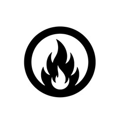 Fiery Circle Icon: A bold, black flame icon encased within a circular frame.  Perfect for representing heat, passion, energy, or warning.  A simple yet impactful graphic design element. 