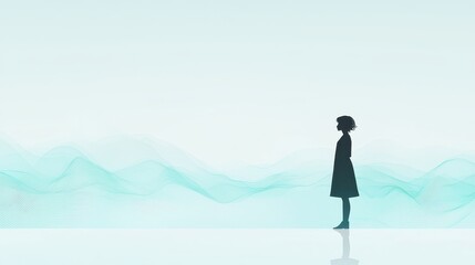 Obraz premium Surreal representation of a girl standing alone in a dreamlike landscape with soft waves and an ethereal ambiance